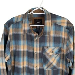 NEW CQR Flannel Button Up Shirt Mens M‎ Blue Brown Plaid Cotton Corduroy Cuffs
